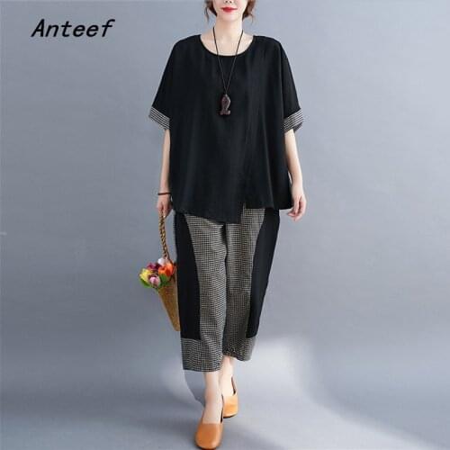 Cotton vintage plaid summer casual 2 two piece set loose tee t shirt women t-shirt ladies tshirt 2021 tops Harem pants