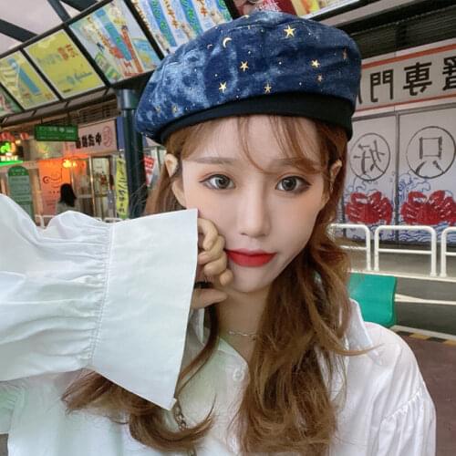 HT3504 Spring Summer Women Hat Cotton Denim Berets for Women Ladies Stars Print Beret Hat Female Vintage Artist Painter Hat