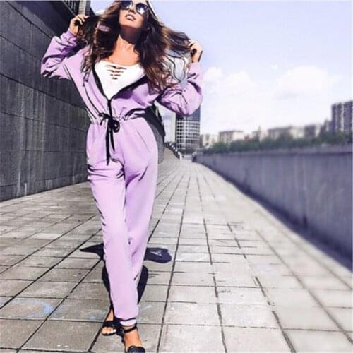 Womens Solid Color Zipped V Neck Long Sleeve Hooded Clubwear Casaul Autumn Spring Playsuit Bodysuit Party Jumpsuit Romper