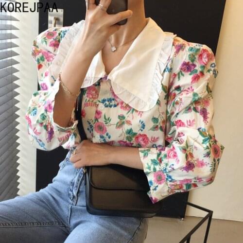 Korejpaa Women Shirt 2021 Summer Korean Chic Ladies Western-Style Age-Reducing Doll Collar Oil Painting Print Puff Sleeve Blouse