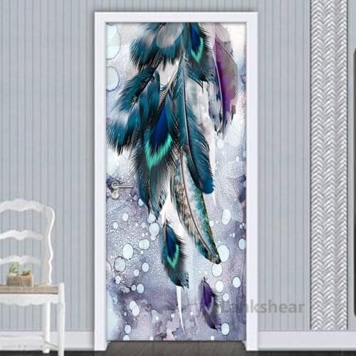 Creative Feather Self-Adhesive Door Sticker HD Print Wall Art Waterproof PVC Modern Fashion Mural Door Decoration Home Design