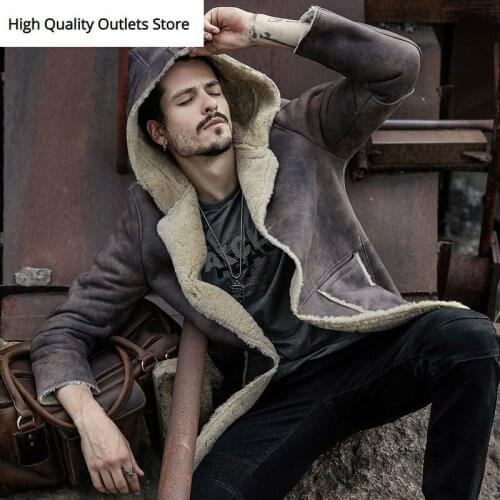 Men genuine leather jacket retro sheepskin coat outerwear with hood winter slim fur coats parka mens tops coldproof jackets man