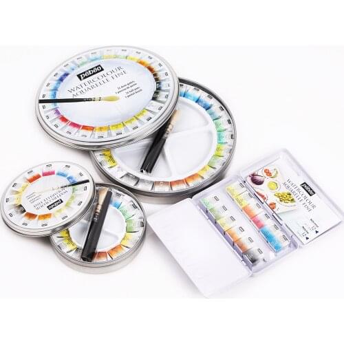 Pebeo 12 24 Color Half Pans Solid Water Color Pigments,transparent Water Color Painting Set,for Artist Scholars Tin with Brush