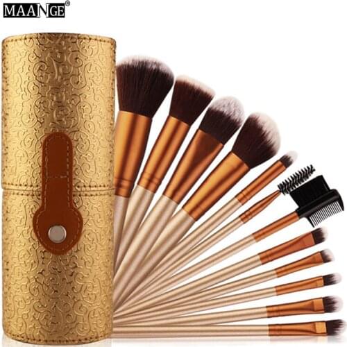 Professional 12Pcs Makeup Brushes Kit Studio Holder Tube Convenient Portable Leather Cup Natural Hair Synthetic