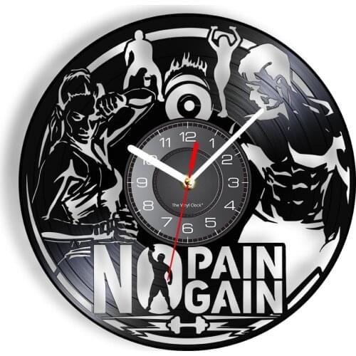 No Pain No Gain Bodybuilding Vinyl LP Record Wall Clock Inspirational Home GYM Decor Weightlifting Workout Man Cave Silent Clock