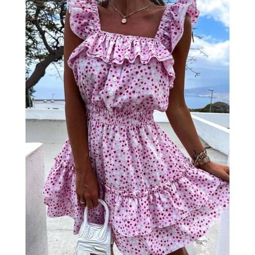 Fandy Lokar Square Collar Dresses Women Fashion Printed Dress Women Elegant Summer Ruffles Sleeveless Mini Dresses Female Ladies