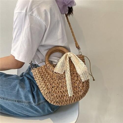 Handwoven Straw Rattan Beach Handbag Women Girls Summer Hollow Out Crossbody Shoulder Bag with Bowknot Lace Tassels