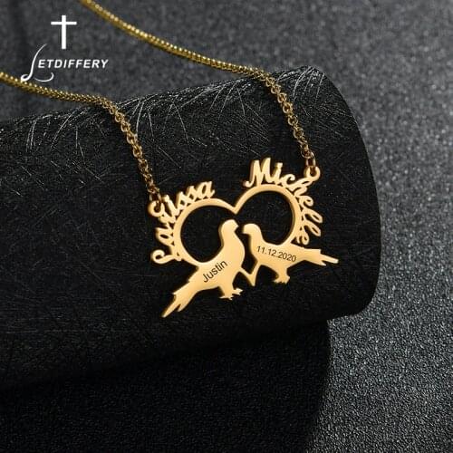Letdiffery Custom Romantic Love Birds Name Heart Necklace Personalized Couple Engraved Name Date for Wedding Anniversary Gifts