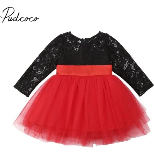 2019 Brand New Christmas Princess Infant Kid Baby Girl Party Dress Bow Lace Chiffon Patchwork Long Sleeve Knee-Length Tutu Dress