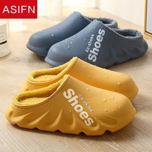 ASIFN Winter Slippers Warm Men Women Waterproof Rubber Non-Slip Plush Cotton Indoor Outdoor Cozy Home Thick Heel Ladies Shoes