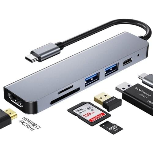 6 in 1 Type C USB C Hub 3.0 to HDMI Adapter 4K Video USB3.0 SD/TF Card Reader For PC Laptops