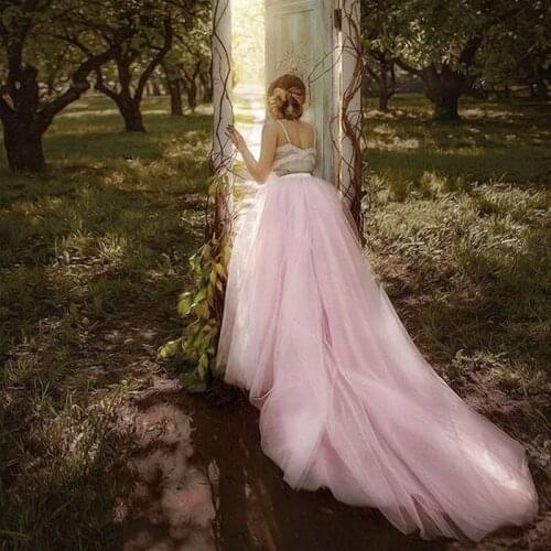 Gorgeous Tulle Wedding Skirt with Long Train Custom Made Pink Women Maxi Skirt Female Photo Shoot