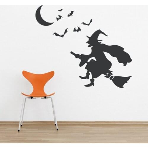 Witch On Broom Vinyl Wall Decal Sticker Halloween Witch Decal Flying Bat Spooky Wall Art Bedroom Living Room Poster Decor WW-197