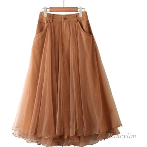 Khaki Denim Patch Mesh Skirt for Woman High Waist A- Line Elegant Long Gauze Skirts Three-Layer Jupe Lady Spring Summer 2021