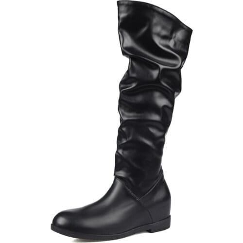 2020 New PU Pleated Womens Boots Flat-Bottomed High-Fashion TPR Mid-Tube Riding Boots Napa Pattern White Boots