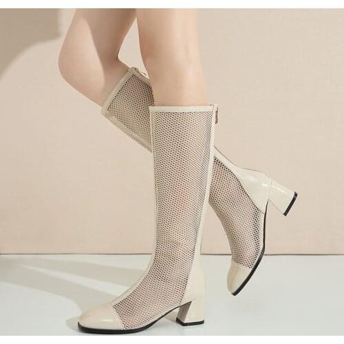 Phoentin Fashion Knee high Summer Boots 2021 Woman Patent Leather and mesh Long zip Boots high Heel Shoes big size 34-46 FT1475