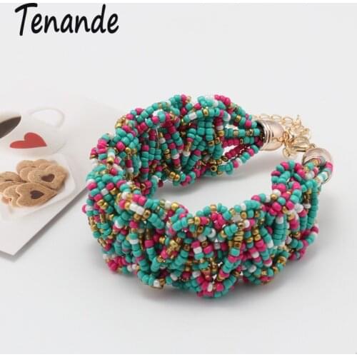 Tenande Vintage Bohemian Cross Twisted Knotted Colorful Beads Chunky Chain Bracelets & Bangles for Women Wristbands Jewelry Maxi