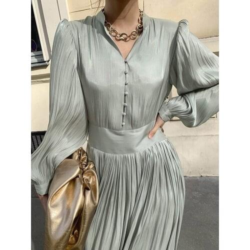 Womens dress 2021 new stand-up collar single-breasted pleated luster lace-up high-waist lantern sleeve long dress