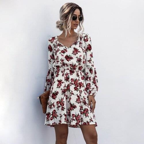 2021 New Autumn V Neck Floral Print Dress Casual Long Lantern Sleeve Drawstring Lady Boho Elastic Waist A Line Party Vestidos
