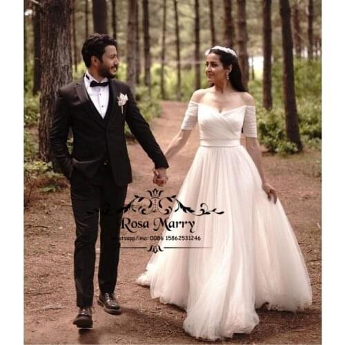 Modest Off Shoulder Boho Wedding Dresses A Line Short Sleeves Plus Size Vestido De Novia Country Beach Long Tulle Bridal Gowns