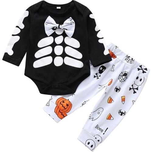 2021 Halloween Newborn Baby Boy Long Sleeve Bow Cotton Bodysuit Tops Print Long Pant 2PCS Holiday Party Clothes Set