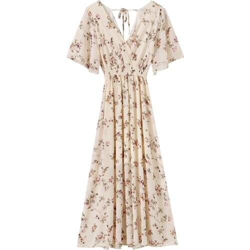 2021 Summer Women dress Ruffle Short-sleeve Chiffon Dress V-neck High Waist Floral Print Beach Midi Dresses Backless dress