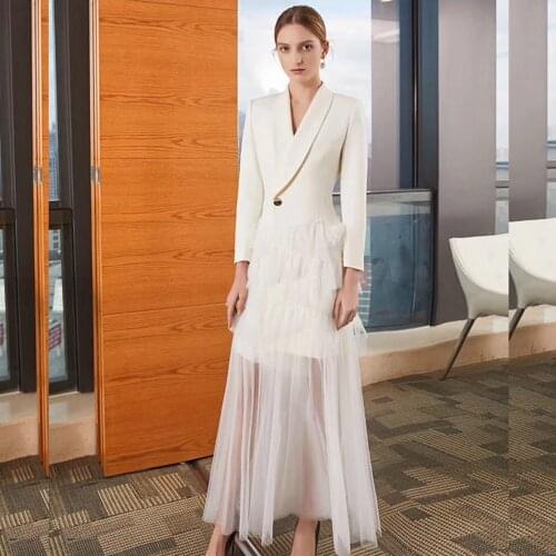 2021 New White Black Long Sleeve V Neck Button Mesh Fashion Sexy Hollow out Vestidos Solid Long Maxi Evening Party Celebrity