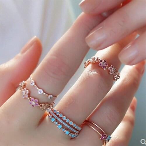 2019 High quality 3pcs Set Wave shape rings For Women girls fashion delicate Pure round blue stone jewelry rose turquoises rings