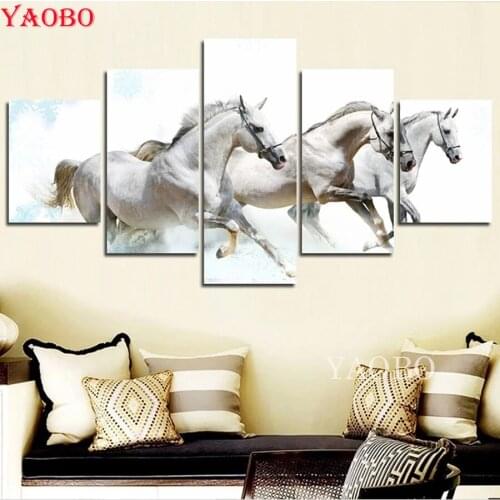 5 Panel Running White Horse Diamond Embroidery Full Display 5D DIY Diamond Painting mosaic picture pastes 3 d home decor