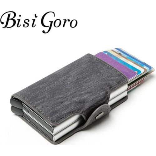 BISI GORO RFID Anti-theft Double Boxes High Quality Wallet 2020 New Card Holder Denim Men Business Pop-up Metal ID Case