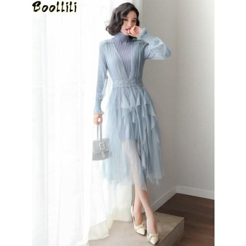 Boollili Spring Sweater Dress Women Clothes 2020 Midi Korean Knitted Mesh Dress Elegant Pink Long Sleeve Vestidos De Festa
