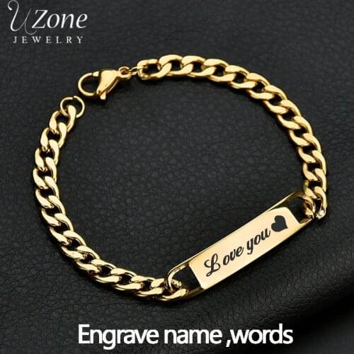 Uzone Custom Engrave Name ID Bar Bracelet Gold Color Stainless Steel Initial Charm Bracelets For Couples Personalize Jewelry