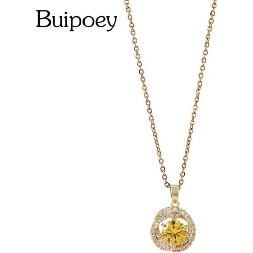 Buipoey Shiny Crystal Flower Pendant Necklace For Women Original Yellow Zircon Charm Golden Necklace Girls Collar Lover Gift