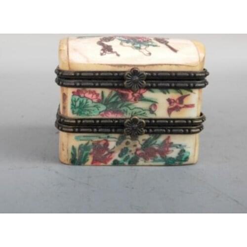 Chinese Antique bone carvings Flowers birds Two layers jewel case