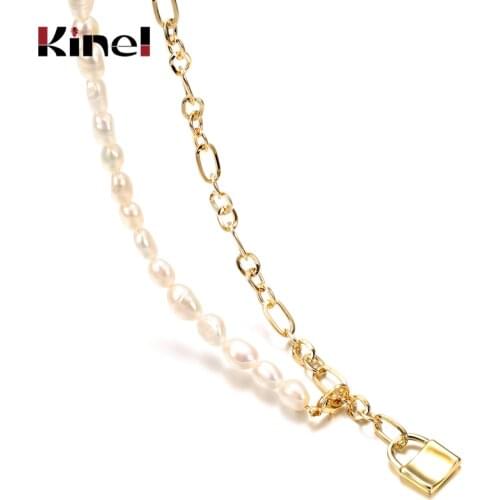 Kinel Natural Baroque Pearl Wrap Geometric Metal Necklace for Women Wedding Party Long Pearls Lock Necklaces Jewelry Gift