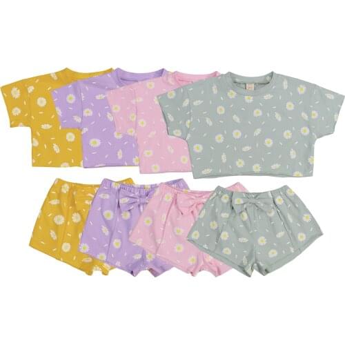 2 Pieces Kids Suit Set, Girls Daisy Print Round Neck Short Sleeve Pullover+ Short Pants for Summer, 18 Months-6 Years