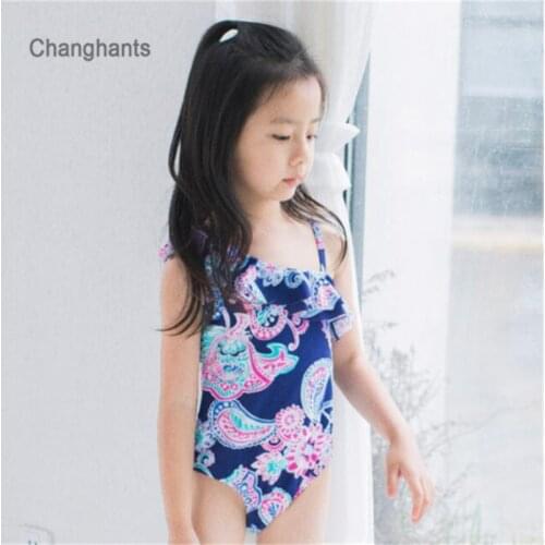 2-8 Y Girls Swimwear Dark Blue with Classic Floral Pattern Baby One Piece Swimsuit Kids Bathing Suit Children Swimming Pool Wear