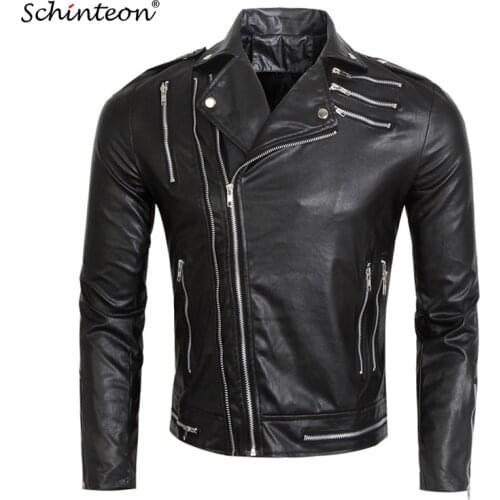 Schinteon New Soft PU Men Leather Jacket Multi Zipper Black Male Motorcycle Biker Coat Outwear