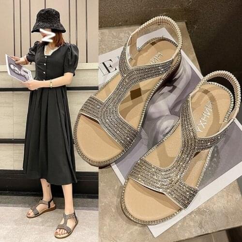 Summer Womens Sandals 2021 New Diamond Sandals Comfortable Soft Sole Low Heel Roman Sandals Flat Shoes