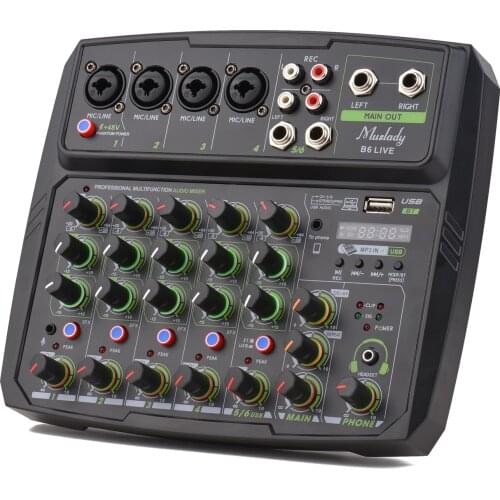 Mixing Console 6-Channel Audio Mixer LED Screen Built-in Soundcard USB BT Connection with 2-band EQ Gain Delay Repeat