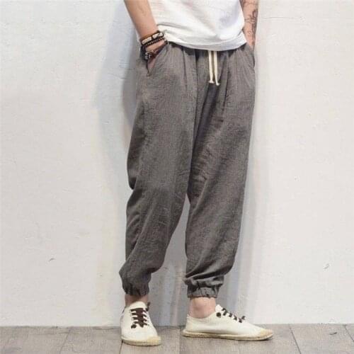Mens Casual Pants New Fashion Spring Summer Loose Drawstring Trousers Male Linen Pants Plus Size Bloomers 2021