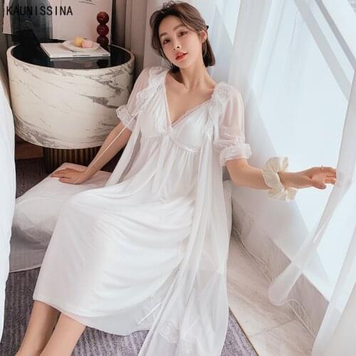 Women Homewear Mesh Slip Nightdress with Chest Pad and Robe Sets Female Summer Lace Princess Sexy Lingerie Sleepwear Nightwear