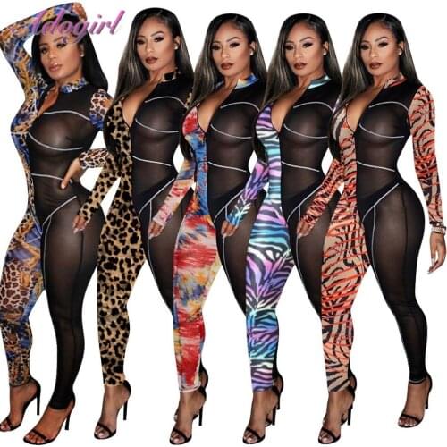 Sexy Leopard Print Sheer Mesh Patchwork Night Party Club Skinny Jumpsuit Women Long Sleeve See Through Rompers Outfit Overalls