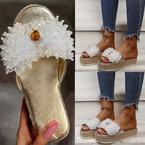 Women Platform Slippers 2021 Woman Hemp String Bead Crystal Flats Summer Female Casual Shoes Ladies Beach Slides Plus Size 43