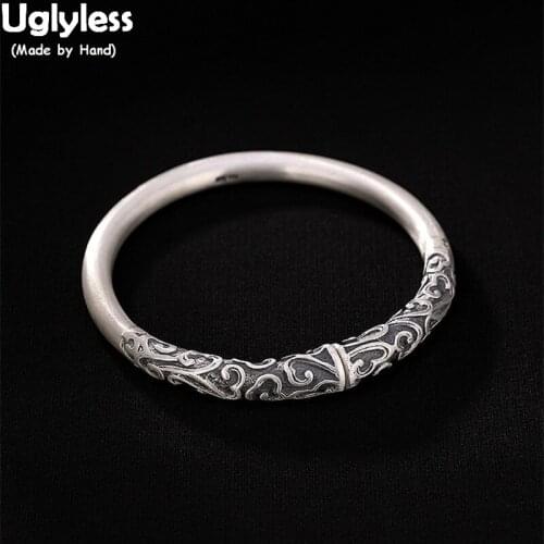 Uglyless Vintage Lucky Clouds Patterns Open Silver Bangles for Men Women Unisex Solid 99.9% Full Silver Thick Bangles Adjustable
