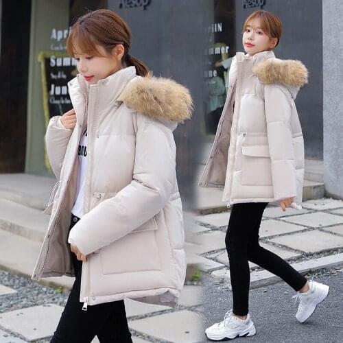 High Quality Winter Jacket Women 2021 New Fashion Slim Down Padded Jacket Womens Solid Hooded Fur Collar Parka Loose Coat