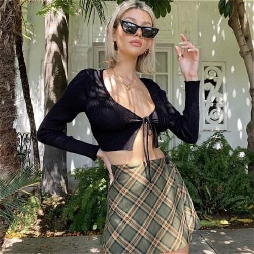 2021 Autumn Long Sleeve Tie Up Crop Tops Blouse Women V Neck Open Front Rib Knit Shirts Casual Sexy Blouses Female