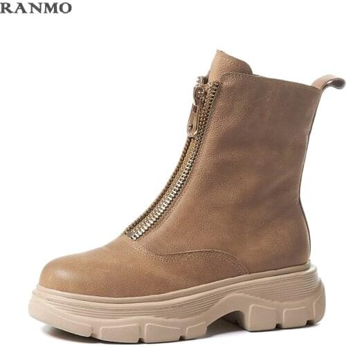 Woman Ankle Boots Cowhide Upper Shoes Ladies Boots Vintage Front Zipper Short Boots Snow Boots 2020 Autumn Winter Boots Women