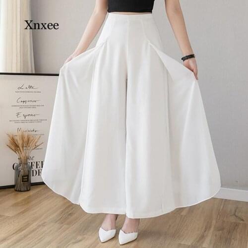 Womens Chiffon Pants Elegant Office Ladies White Black Trousers High Waist Summer Pants Korean Fashion Wide Leg Pants S-2XL