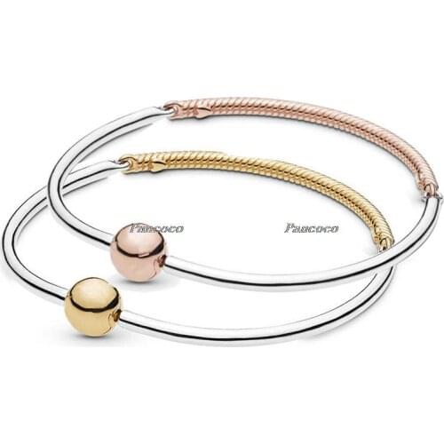 925 Sterling Silver Bracelet Rose Gold Moments Three-link Clasp Snake Bangle Fit Women Bead Charm Pandora Jewelry